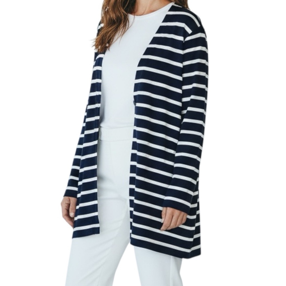 J.Jill Cardigan Wearever Collection Minimalist Blue White One/Button  Pockets  L
